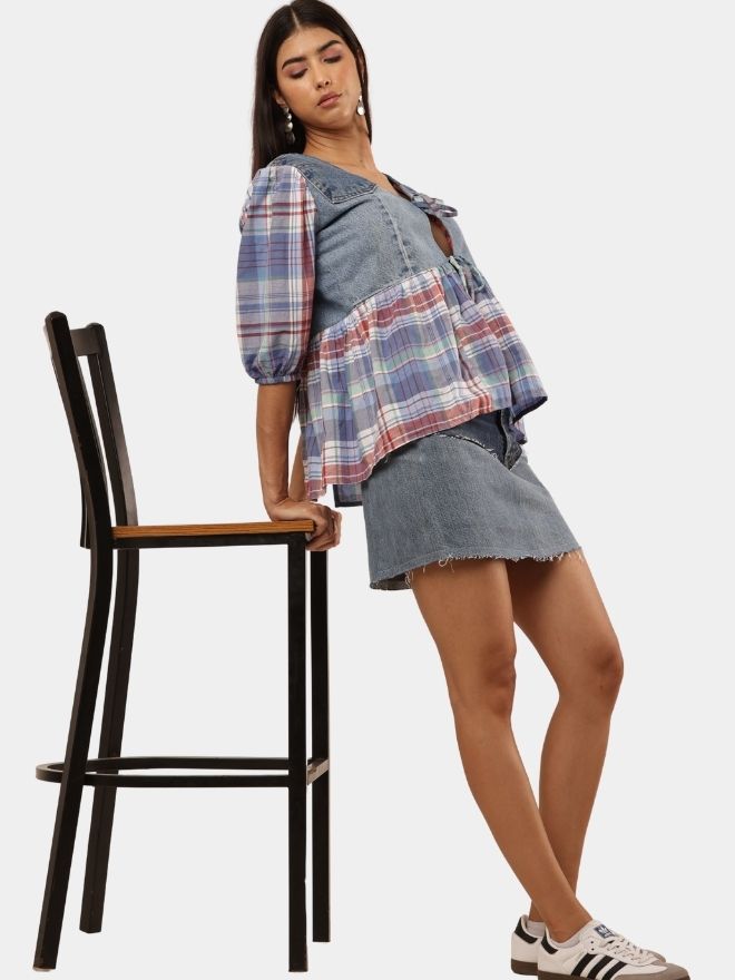 1 Denim & Plaid Patchwork Tie-Front Top - Image 1
