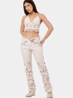 Floral Embroidered White Denim Pants - Image 7