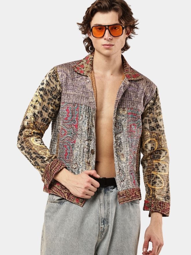 12 Satin Scarf & Vintage Canvas Jacket – Intricate Stitch Detail - Image 1