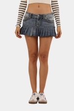 Pleated Denim Mini Skirt - Image 4