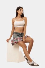 Reconstructed Vintage Denim & Plaid Mini Skirt - Image 2