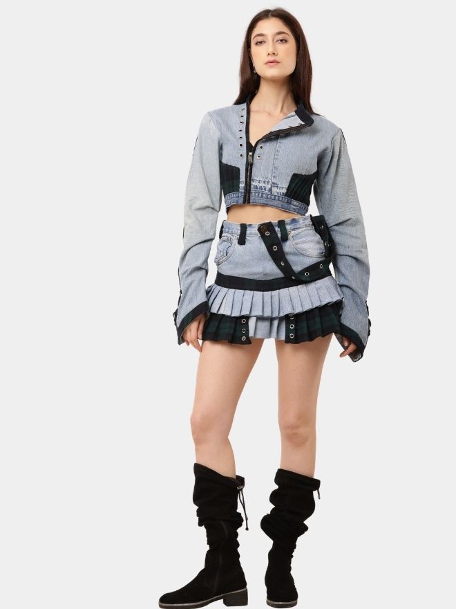 157 Co-Ord Set – Patchwork Jacket & Pleated Mini Skirt - Image 1