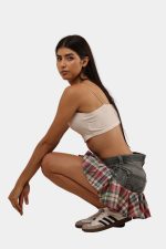 Reconstructed Vintage Denim & Plaid Mini Skirt - Image 8