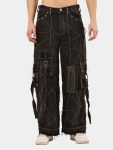 Black Panel Denim Cargo Pants – Contrast Stitch, Rhinestone Detail