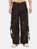 Black Panel Denim Cargo Pants – Contrast Stitch, Rhinestone Detail
