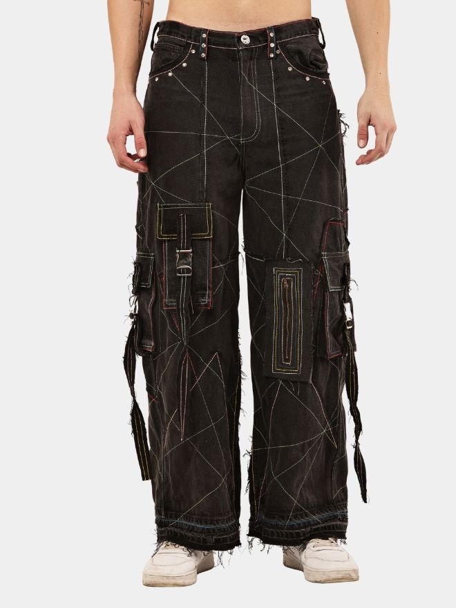 19 Black Panel Denim Cargo Pants – Contrast Stitch, Rhinestone Detail - Image 1