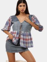 Denim & Plaid Patchwork Tie-Front Top - Image 6