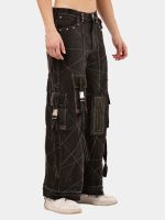 Black Panel Denim Cargo Pants – Contrast Stitch, Rhinestone Detail - Image 10