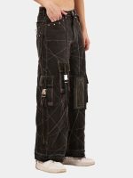 Black Panel Denim Cargo Pants – Contrast Stitch, Rhinestone Detail - Image 9