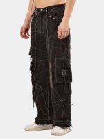 Black Panel Denim Cargo Pants – Contrast Stitch, Rhinestone Detail - Image 8