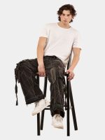 Black Panel Denim Cargo Pants – Contrast Stitch, Rhinestone Detail - Image 3