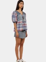 Denim & Plaid Patchwork Tie-Front Top - Image 5