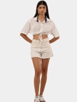 White Crop Shirt Top with Contrast Collar - Image 2