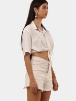 White Crop Shirt Top with Contrast Collar - Image 9