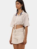 White Crop Shirt Top with Contrast Collar - Image 8