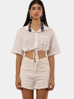 White Crop Shirt Top with Contrast Collar - Image 7