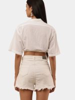 White Crop Shirt Top with Contrast Collar - Image 6