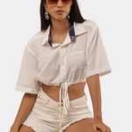 White Crop Shirt Top with Contrast Collar