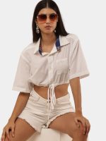 White Crop Shirt Top with Contrast Collar