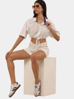 White Crop Shirt Top with Contrast Collar - Image 4