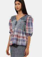 Denim & Plaid Patchwork Tie-Front Top - Image 4