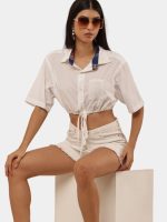 White Crop Shirt Top with Contrast Collar - Image 3