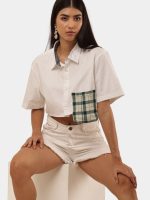 Cropped Shirt Top with Green Patch Pocket - Image 2