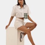 Cropped Shirt Top with Green Patch Pocket
