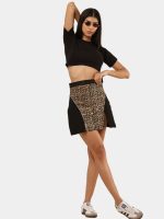 Denim & Canvas Skirt with Leopard Print
