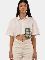 Cropped Shirt Top with Green Patch Pocket - Image 3