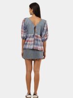 Denim & Plaid Patchwork Tie-Front Top - Image 3