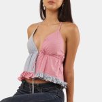 Two-Tone Halter Neck Patchwork Top