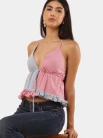 Two-Tone Halter Neck Patchwork Top