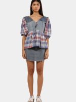 Denim & Plaid Patchwork Tie-Front Top - Image 2