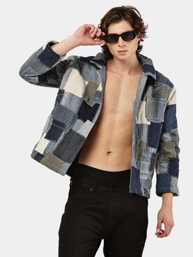 62 PATCHWORK DENIM BLANKET STITCH JACKET - Image 1