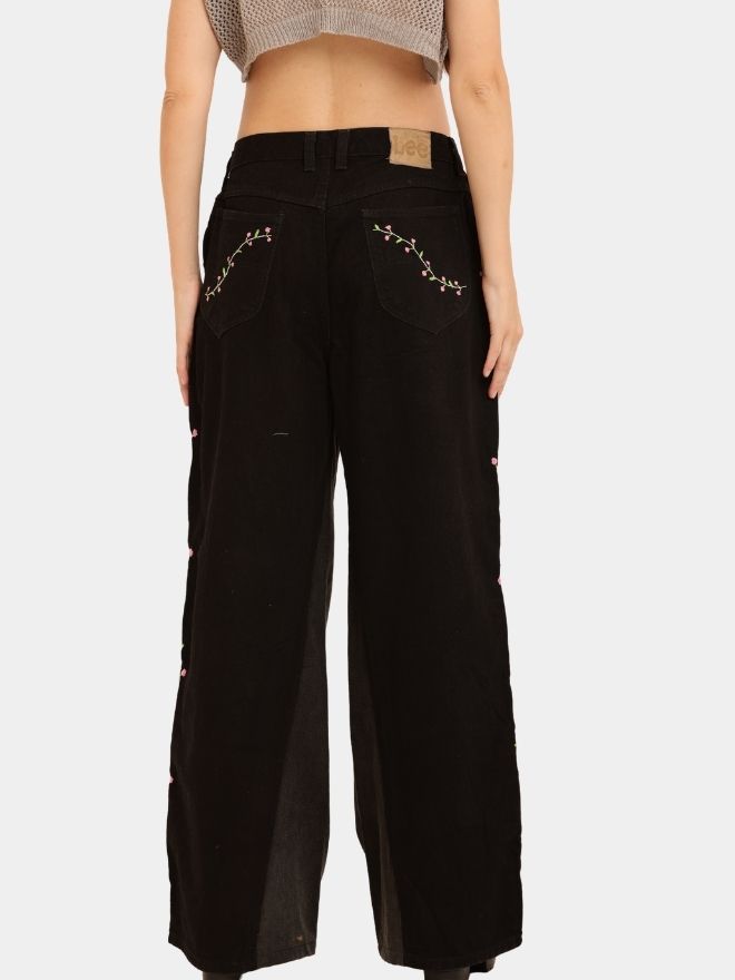 67 Side Floral Jean – Reworked Baggy Lee Denim with Hand Embroidery - Image 1