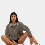 Checkered Crop Shirt Top Bundle with Lace Collar