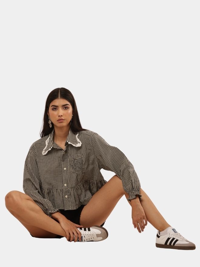 8 Checkered Crop Shirt Top Bundle with Lace Collar - Image 1