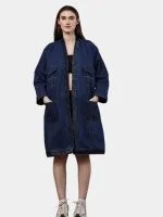 Denim Long Coat – Multi-Pocket Denim Coat - Image 2