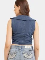 Broad Collar Reworked Levi’s Denim Top & Two-Tone Flared Studded Skirt Set - Image 3