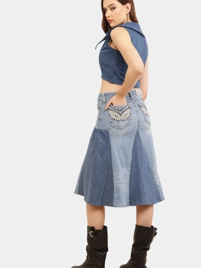 106 Broad Collar Reworked Levi’s Denim Top & Two-Tone Flared Studded Skirt Set - Image 1