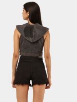 Black Denim Hooded Zip Crop Top - Image 2