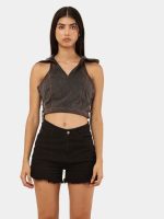 Black Denim Hooded Zip Crop Top - Image 9