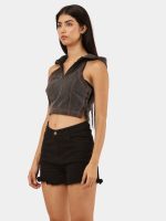 Black Denim Hooded Zip Crop Top - Image 8