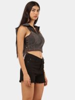 Black Denim Hooded Zip Crop Top - Image 7