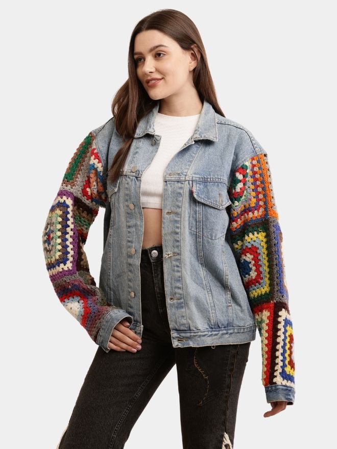 113 Unisex Crochet Denim Jacket – Multicolour Sleeve Statement