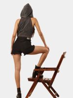 Black Denim Hooded Zip Crop Top - Image 4