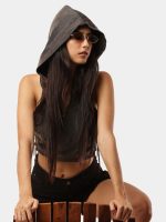 Black Denim Hooded Zip Crop Top
