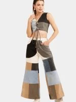 Baggy Denim Set –  Patch Jeans & Lace V-Neck Top - Image 3