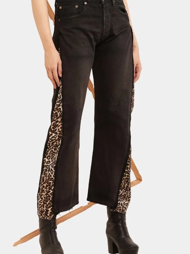 123 Leopard Side Panel Reworked Baggy Denim Jeans - Image 1